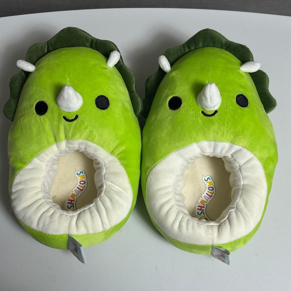 Squishmallows Slippers 4-5 Green Tristan Triceratops Dinosaur Plush House Shoes